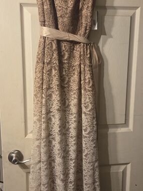 Lace Maxi Dress with Satin Waist Tie - Neutral Beige